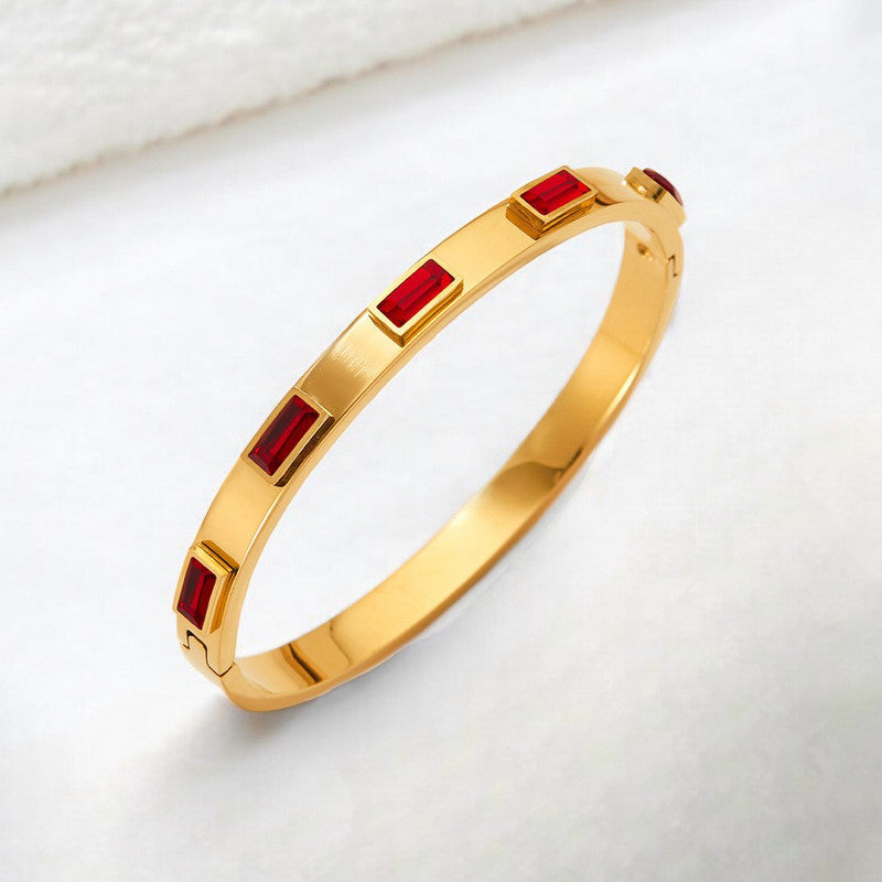 Stainless Steel Gold-Plated Red Rectangular American Diamond studded Bangle-Style Anti-Tarnish Bracelet For Women