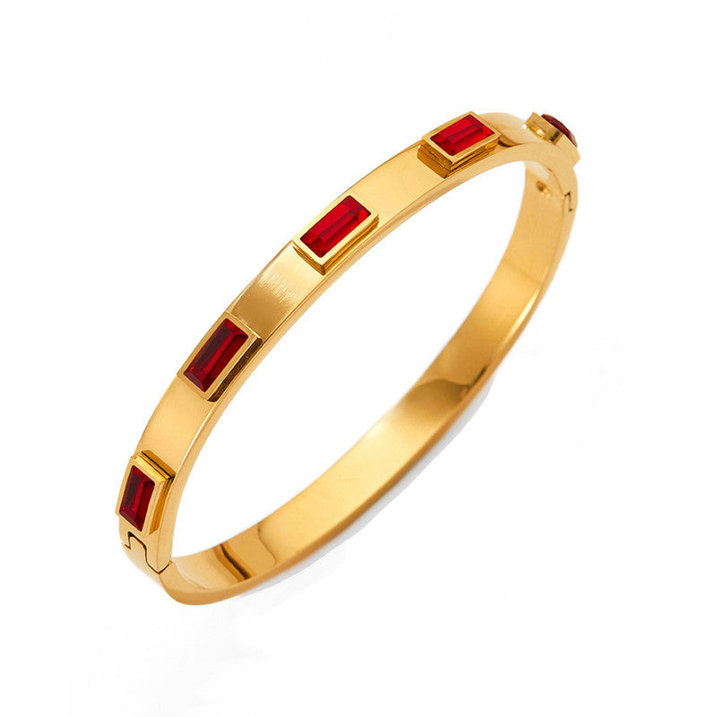 Stainless Steel Gold-Plated Red Rectangular American Diamond studded Bangle-Style Anti-Tarnish Bracelet For Women