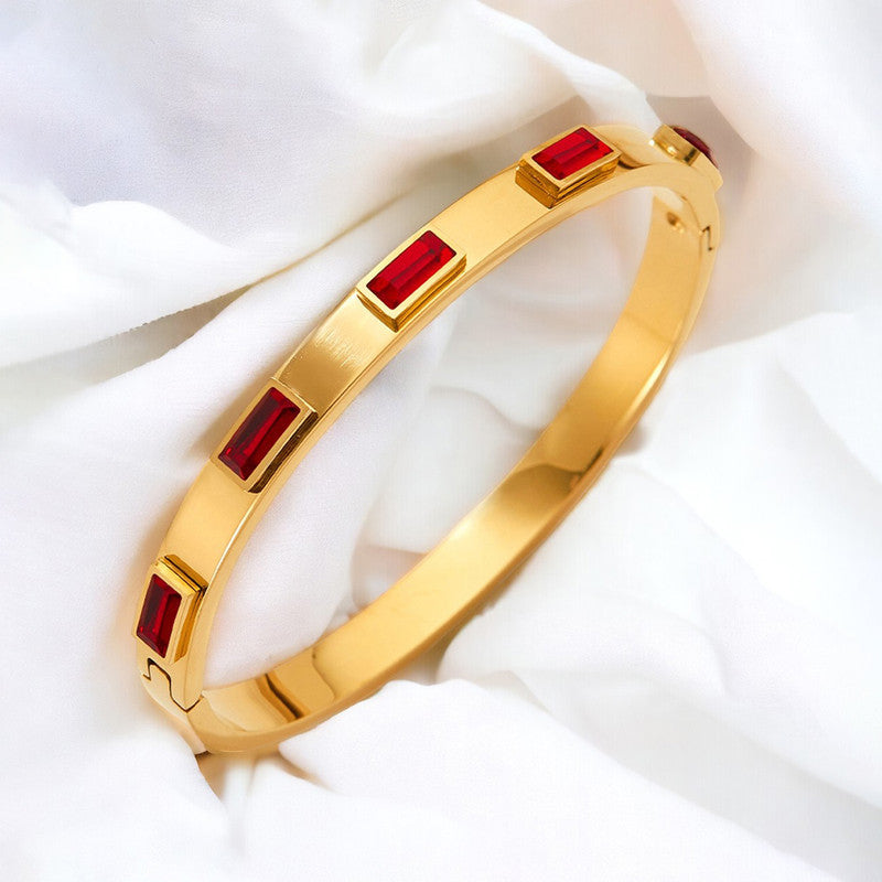 Stainless Steel Gold-Plated Red Rectangular American Diamond studded Bangle-Style Anti-Tarnish Bracelet For Women