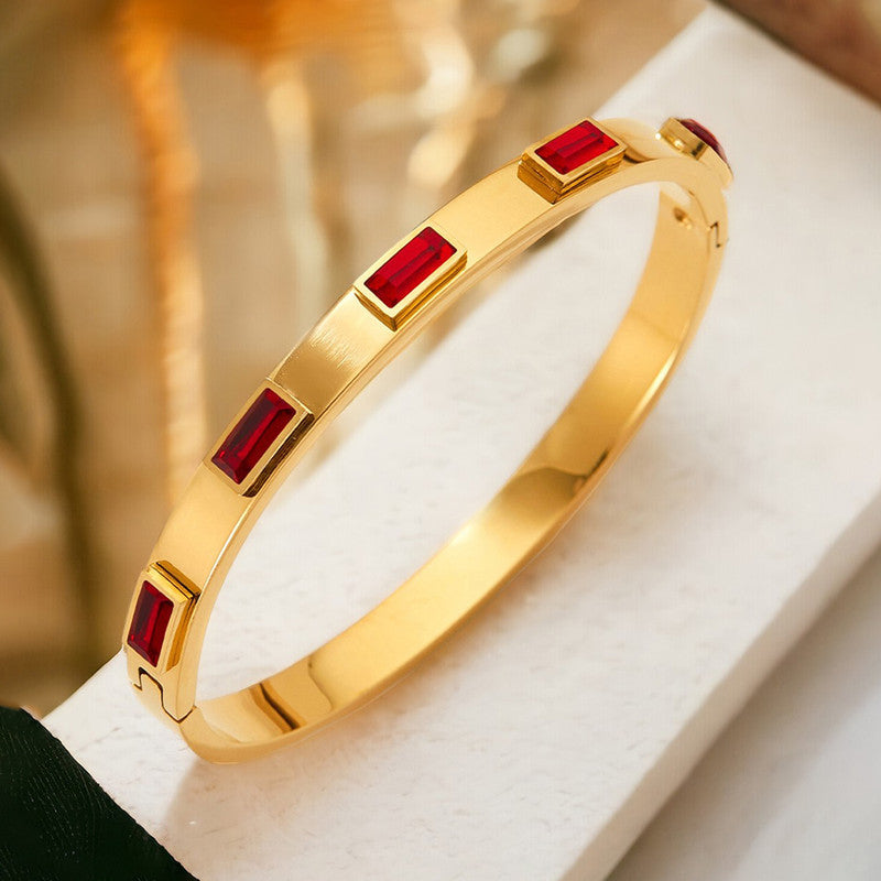 Stainless Steel Gold-Plated Red Rectangular American Diamond studded Bangle-Style Anti-Tarnish Bracelet For Women