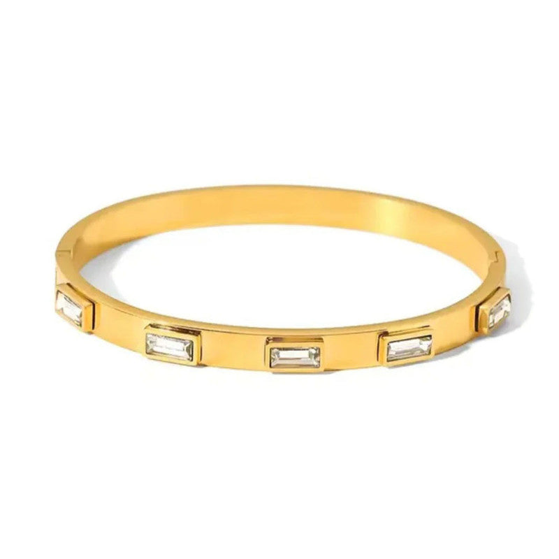 Stainless Steel Gold-Plated White Rectangular American Diamond studded Bangle-Style Anti-Tarnish Bracelet For Women