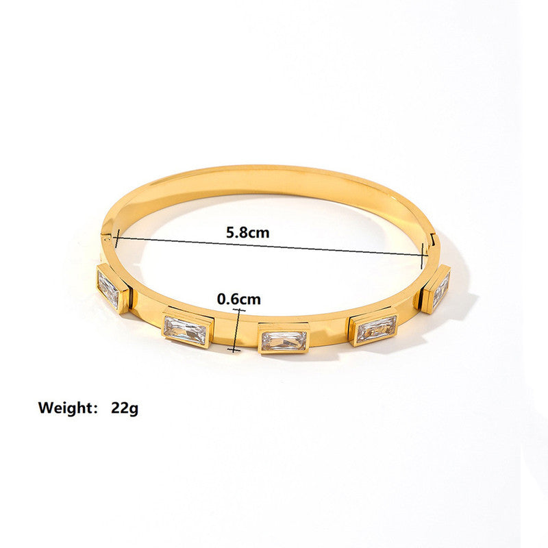 Stainless Steel Gold-Plated White Rectangular American Diamond studded Bangle-Style Anti-Tarnish Bracelet For Women