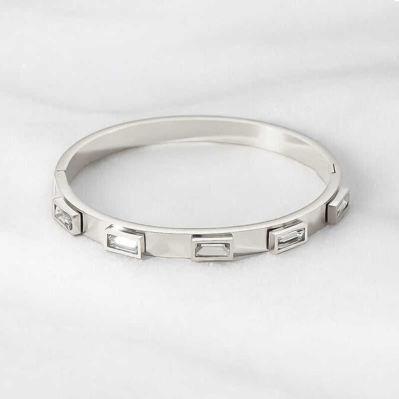 Stainless Steel Silver-Plated White Rectangular American Diamond studded Bangle-Style Anti-Tarnish Bracelet For Women