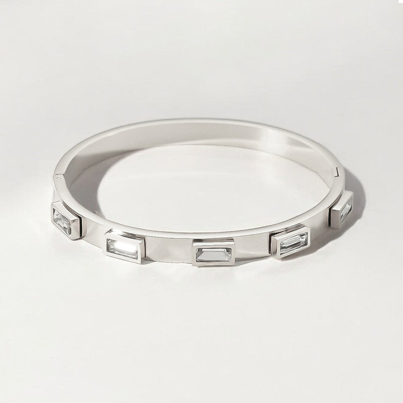 Stainless Steel Silver-Plated White Rectangular American Diamond studded Bangle-Style Anti-Tarnish Bracelet For Women