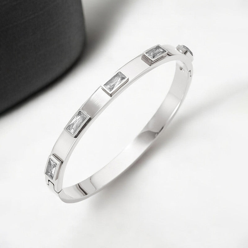 Stainless Steel Silver-Plated White Rectangular American Diamond studded Bangle-Style Anti-Tarnish Bracelet For Women