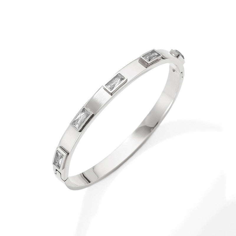 Stainless Steel Silver-Plated White Rectangular American Diamond studded Bangle-Style Anti-Tarnish Bracelet For Women