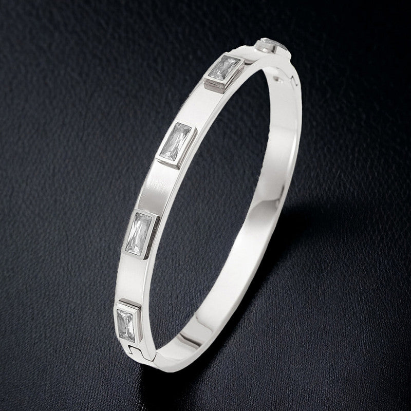 Stainless Steel Silver-Plated White Rectangular American Diamond studded Bangle-Style Anti-Tarnish Bracelet For Women