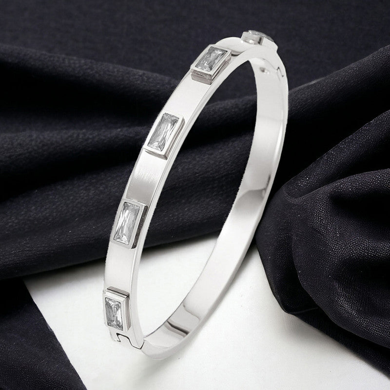 Stainless Steel Silver-Plated White Rectangular American Diamond studded Bangle-Style Anti-Tarnish Bracelet For Women