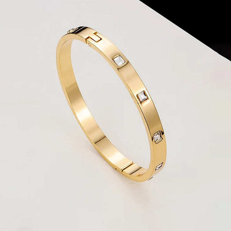 Stainless Steel Gold-Plated White Square American Diamond studded Bangle-Style Anti-Tarnish Bracelet For Women