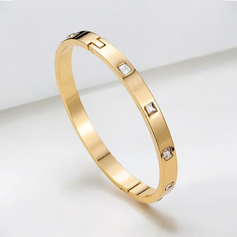 Stainless Steel Gold-Plated White Square American Diamond studded Bangle-Style Anti-Tarnish Bracelet For Women