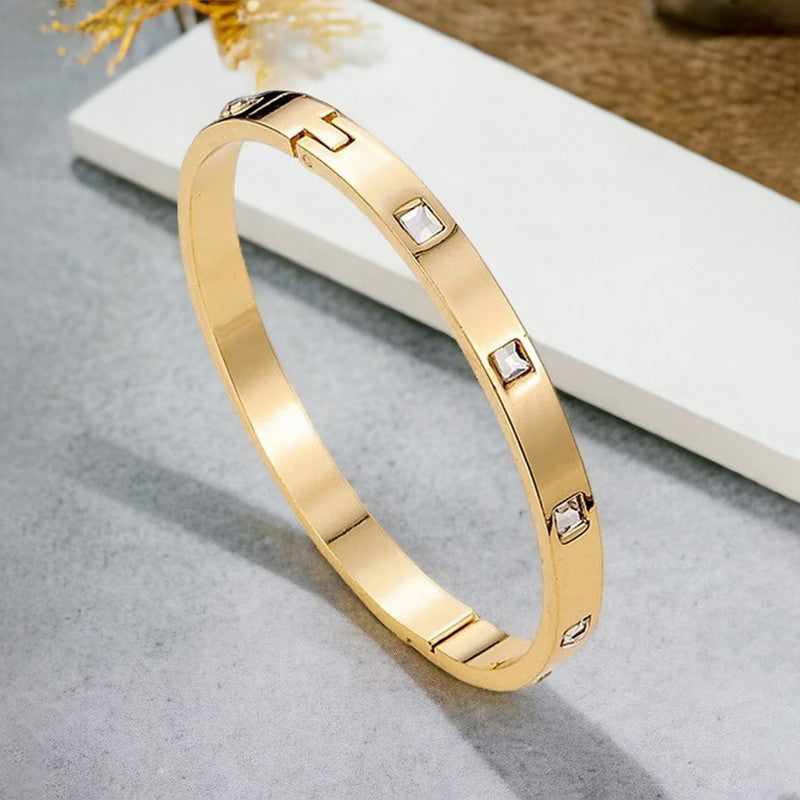 Stainless Steel Gold-Plated White Square American Diamond studded Bangle-Style Anti-Tarnish Bracelet For Women