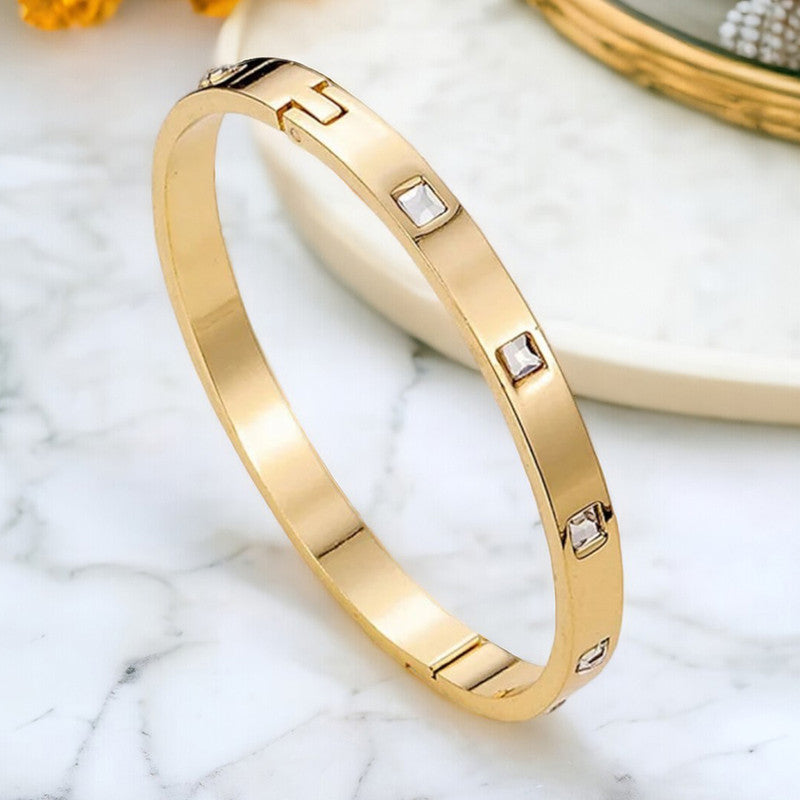 Stainless Steel Gold-Plated White Square American Diamond studded Bangle-Style Anti-Tarnish Bracelet For Women