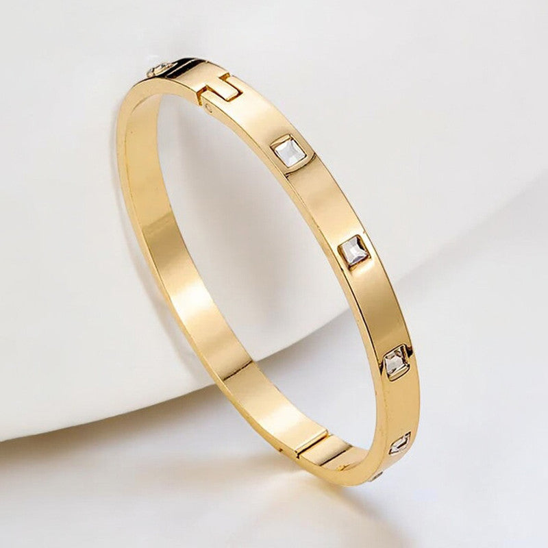 Stainless Steel Gold-Plated White Square American Diamond studded Bangle-Style Anti-Tarnish Bracelet For Women