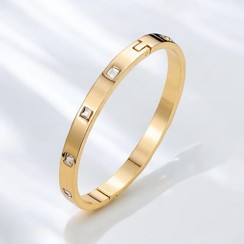 Stainless Steel Gold-Plated White Square American Diamond studded Bangle-Style Anti-Tarnish Bracelet For Women