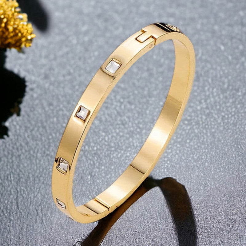 Stainless Steel Gold-Plated White Square American Diamond studded Bangle-Style Anti-Tarnish Bracelet For Women