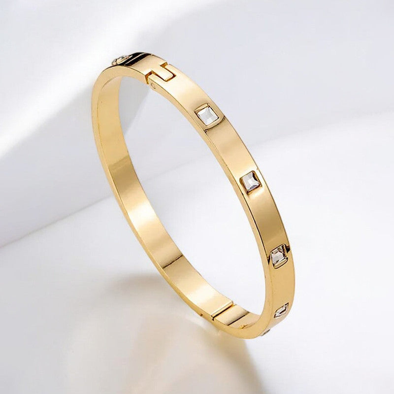 Stainless Steel Gold-Plated White Square American Diamond studded Bangle-Style Anti-Tarnish Bracelet For Women