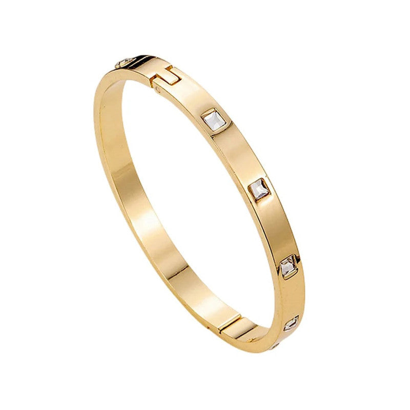 Stainless Steel Gold-Plated White Square American Diamond studded Bangle-Style Anti-Tarnish Bracelet For Women