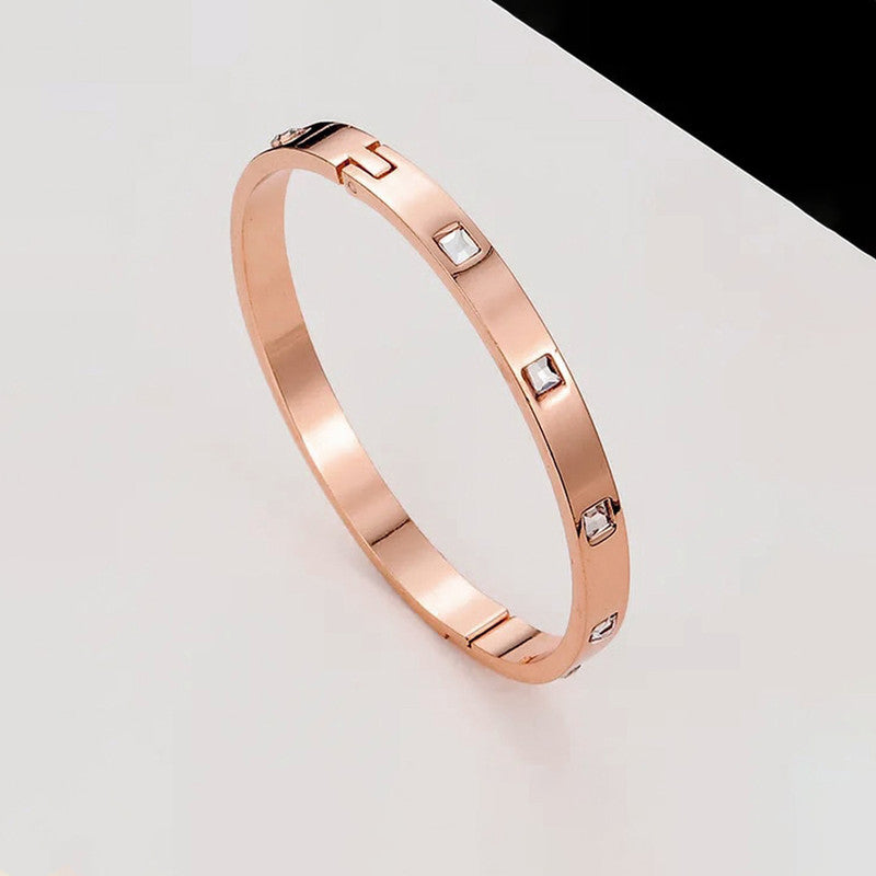 Stainless Steel Rose Gold-Plated White Square American Diamond studded Bangle-Style Bracelet For Women