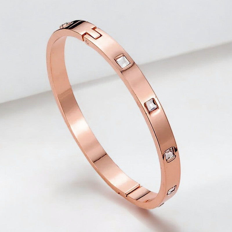 Stainless Steel Rose Gold-Plated White Square American Diamond studded Bangle-Style Bracelet For Women