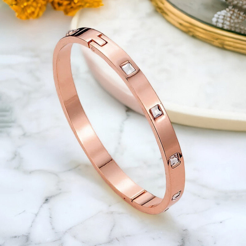 Stainless Steel Rose Gold-Plated White Square American Diamond studded Bangle-Style Bracelet For Women