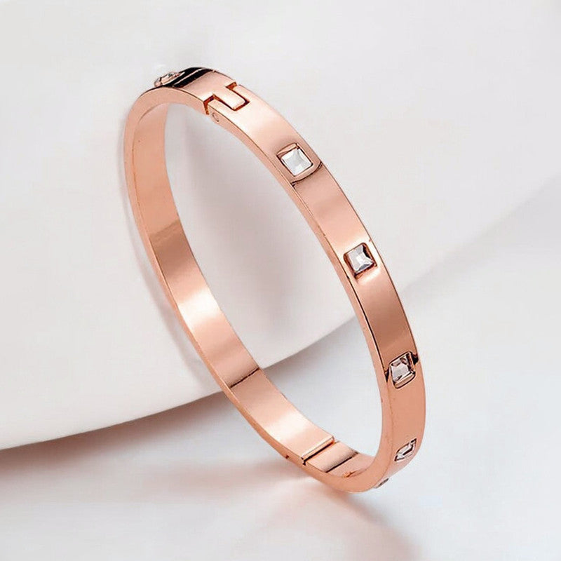 Stainless Steel Rose Gold-Plated White Square American Diamond studded Bangle-Style Bracelet For Women