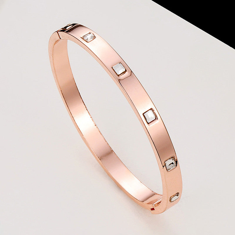 Stainless Steel Rose Gold-Plated White Square American Diamond studded Bangle-Style Bracelet For Women