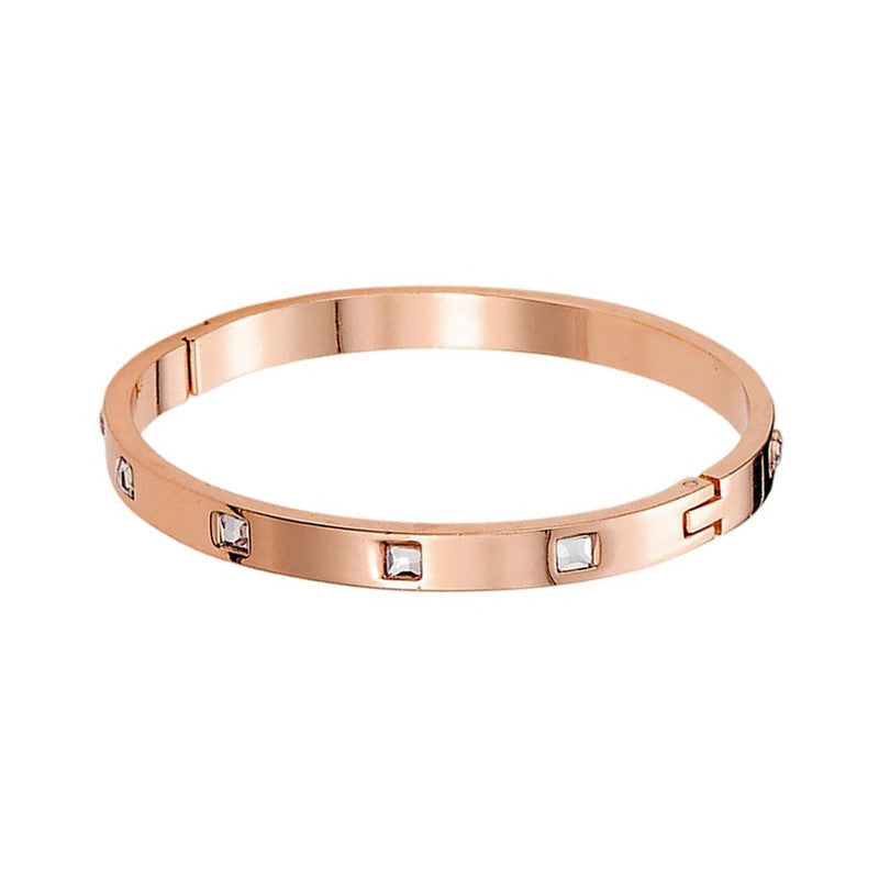 Stainless Steel Rose Gold-Plated White Square American Diamond studded Bangle-Style Bracelet For Women