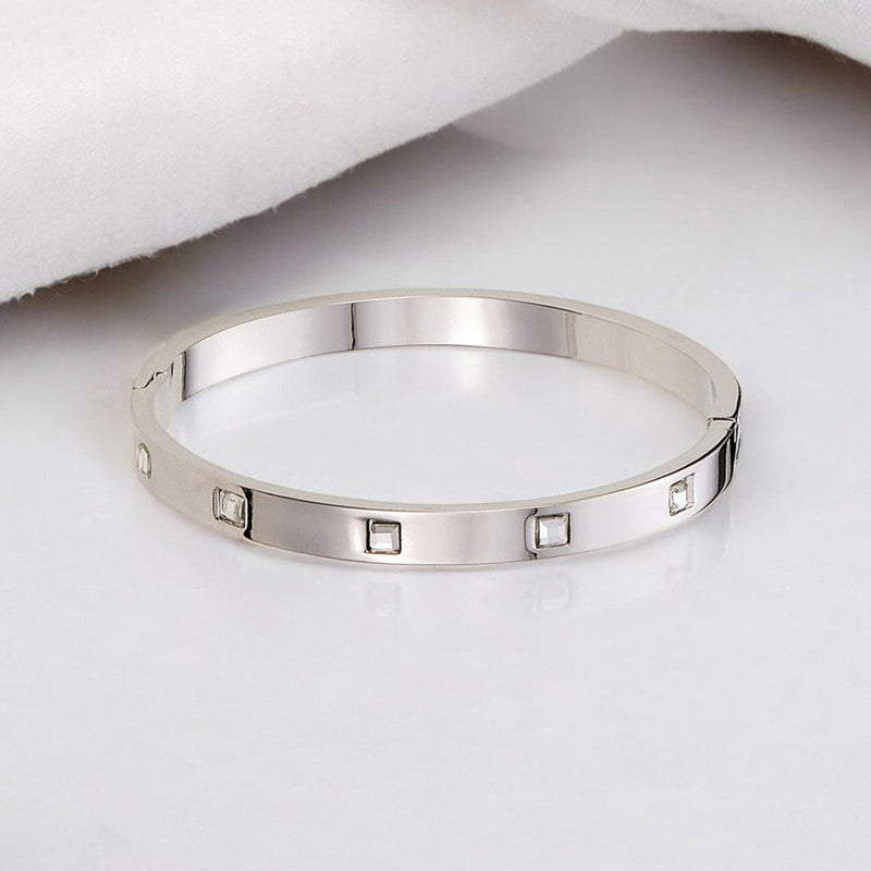 Stainless Steel Silver-Plated White Square American Diamond studded Bangle-Style Anti-Tarnish Bracelet For Women