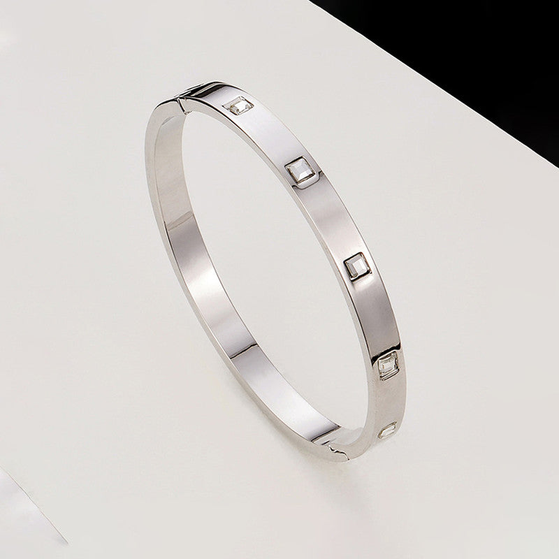 Stainless Steel Silver-Plated White Square American Diamond studded Bangle-Style Anti-Tarnish Bracelet For Women