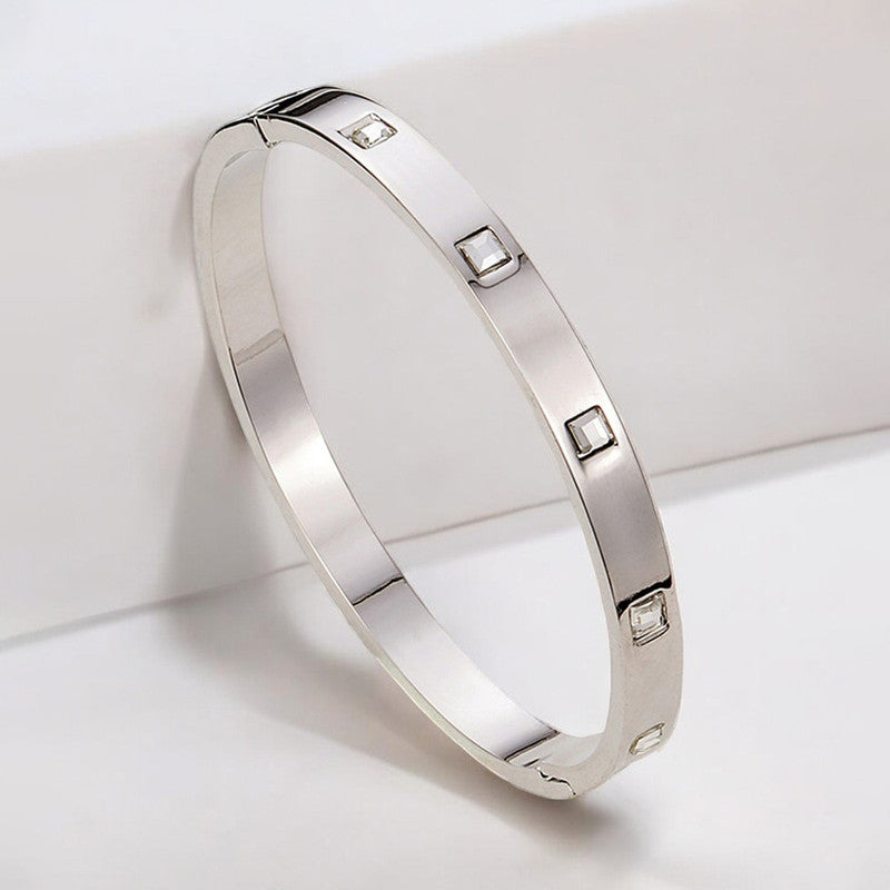 Stainless Steel Silver-Plated White Square American Diamond studded Bangle-Style Anti-Tarnish Bracelet For Women