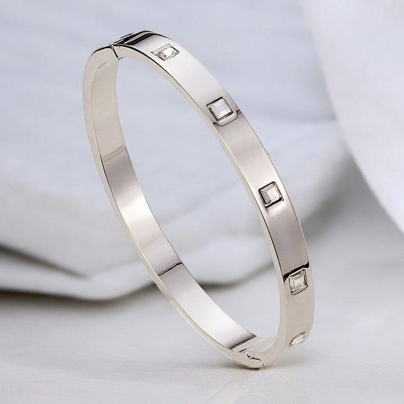 Stainless Steel Silver-Plated White Square American Diamond studded Bangle-Style Anti-Tarnish Bracelet For Women