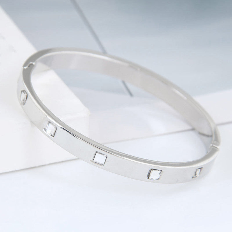 Stainless Steel Silver-Plated White Square American Diamond studded Bangle-Style Anti-Tarnish Bracelet For Women