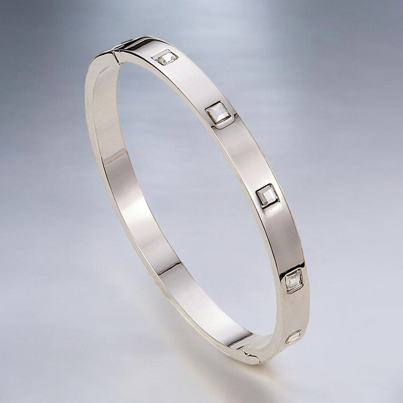 Stainless Steel Silver-Plated White Square American Diamond studded Bangle-Style Anti-Tarnish Bracelet For Women