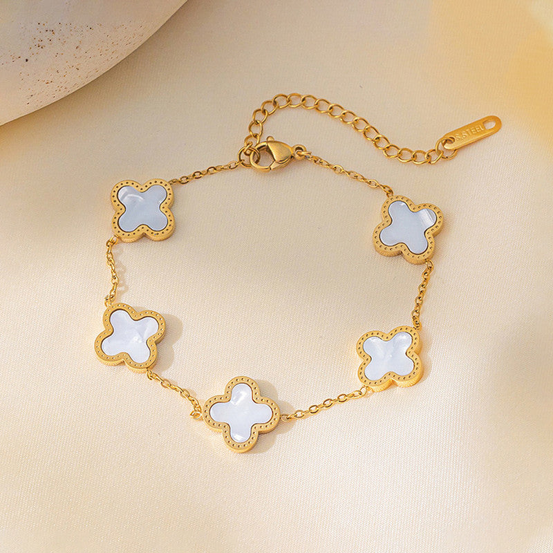 Stainless Steel Gold-Plated White Clover Mother of Pearl Link Bracelet For Women