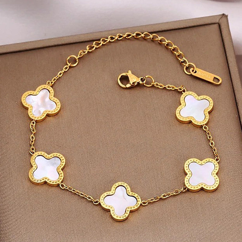 Stainless Steel Gold-Plated White Clover Mother of Pearl Link Bracelet For Women