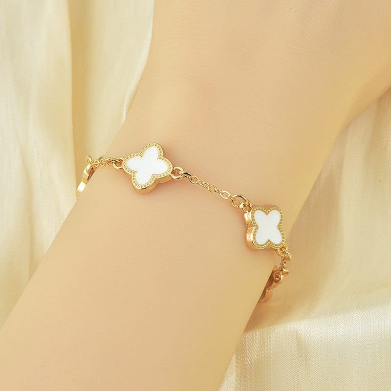 Stainless Steel Gold-Plated White Clover Mother of Pearl Link Bracelet For Women