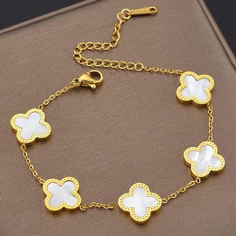 Stainless Steel Gold-Plated White Clover Mother of Pearl Link Bracelet For Women