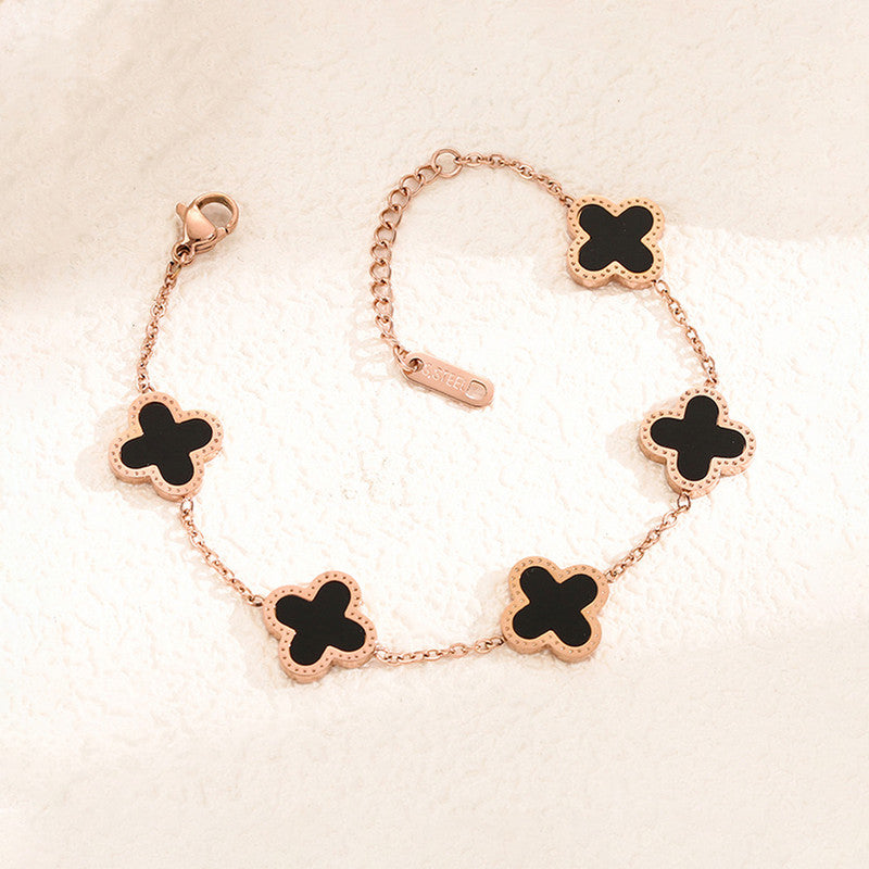 Stainless Steel Rose Gold-Plated White Clover Mother of Pearl Link Bracelet For Women