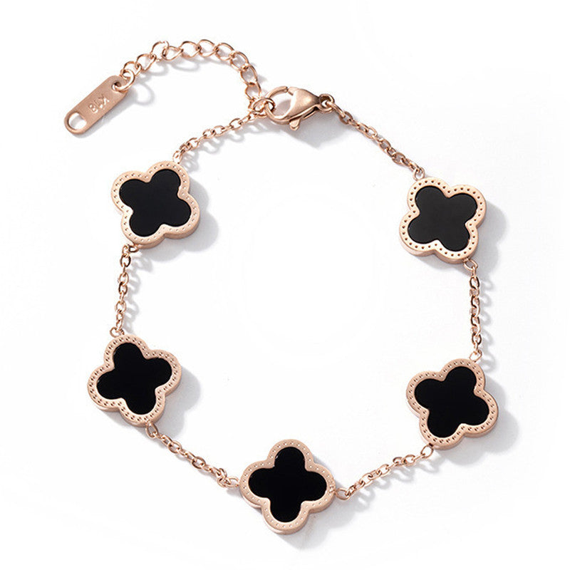 Stainless Steel Rose Gold-Plated White Clover Mother of Pearl Link Bracelet For Women