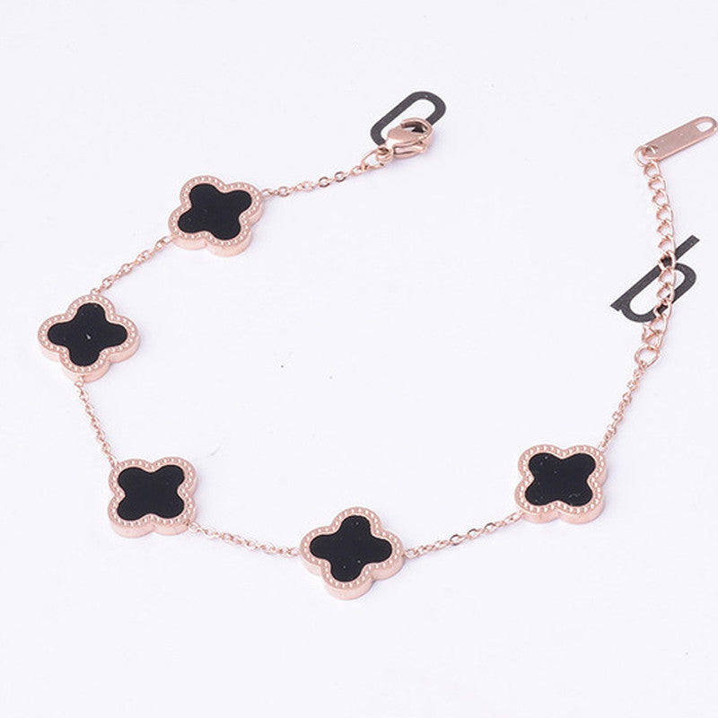 Stainless Steel Rose Gold-Plated White Clover Mother of Pearl Link Bracelet For Women