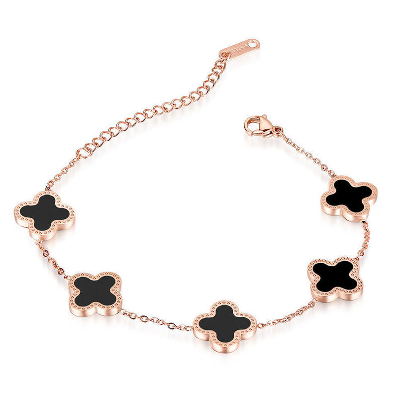 Stainless Steel Rose Gold-Plated White Clover Mother of Pearl Link Bracelet For Women