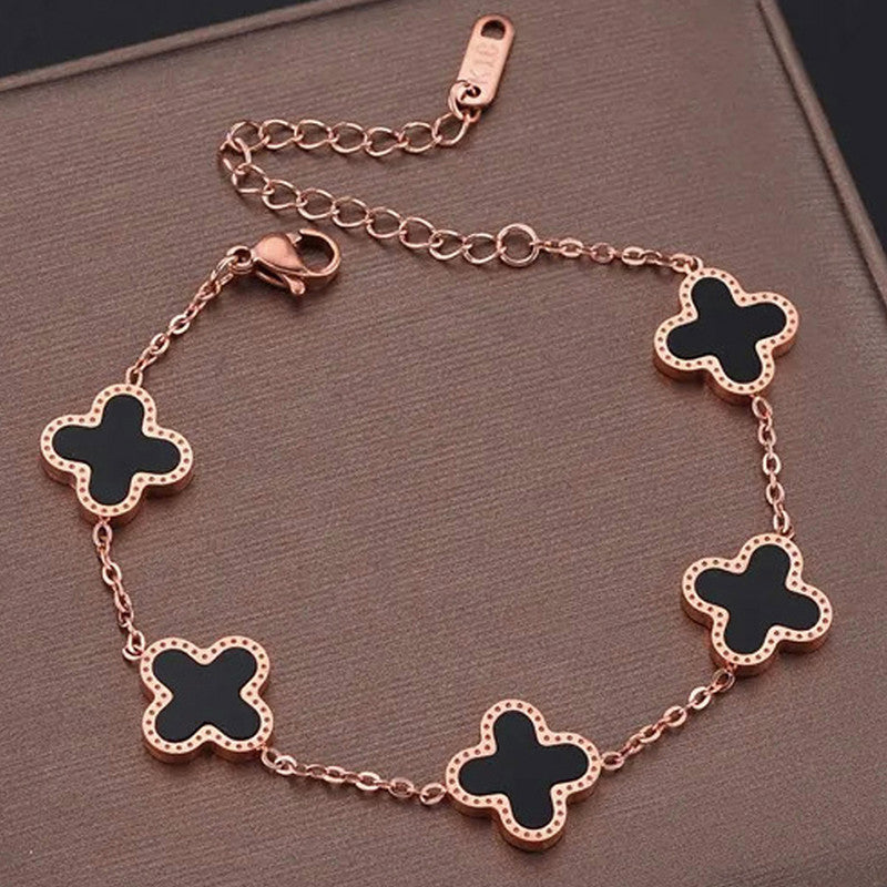 Stainless Steel Rose Gold-Plated White Clover Mother of Pearl Link Bracelet For Women