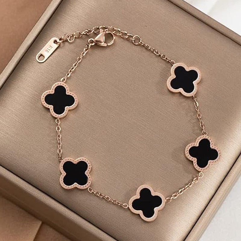 Stainless Steel Rose Gold-Plated White Clover Mother of Pearl Link Bracelet For Women