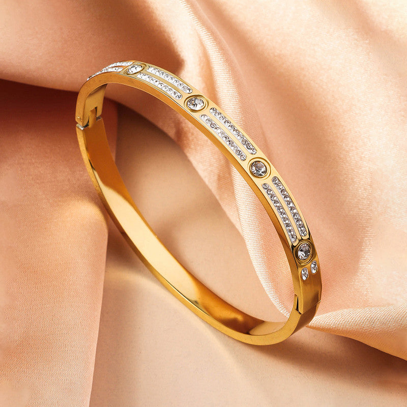 Stainless Steel Gold-Plated American Diamond Studded Bangle-Style Anti-Tarnish Bracelet For Women