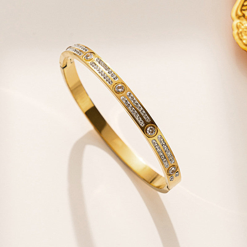 Stainless Steel Gold-Plated American Diamond Studded Bangle-Style Anti-Tarnish Bracelet For Women