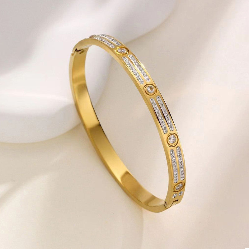 Stainless Steel Gold-Plated American Diamond Studded Bangle-Style Anti-Tarnish Bracelet For Women