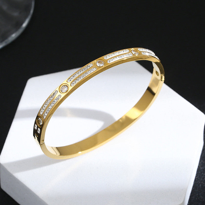 Stainless Steel Gold-Plated American Diamond Studded Bangle-Style Anti-Tarnish Bracelet For Women