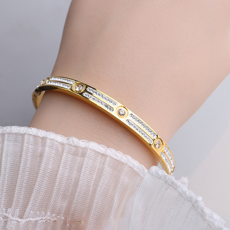 Stainless Steel Gold-Plated American Diamond Studded Bangle-Style Anti-Tarnish Bracelet For Women