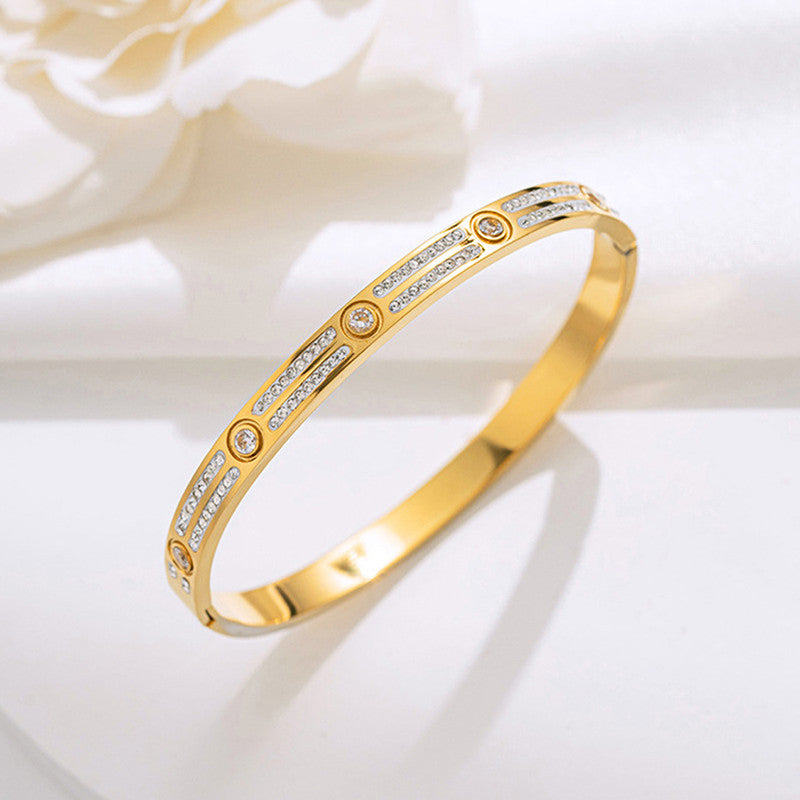 Stainless Steel Gold-Plated American Diamond Studded Bangle-Style Anti-Tarnish Bracelet For Women