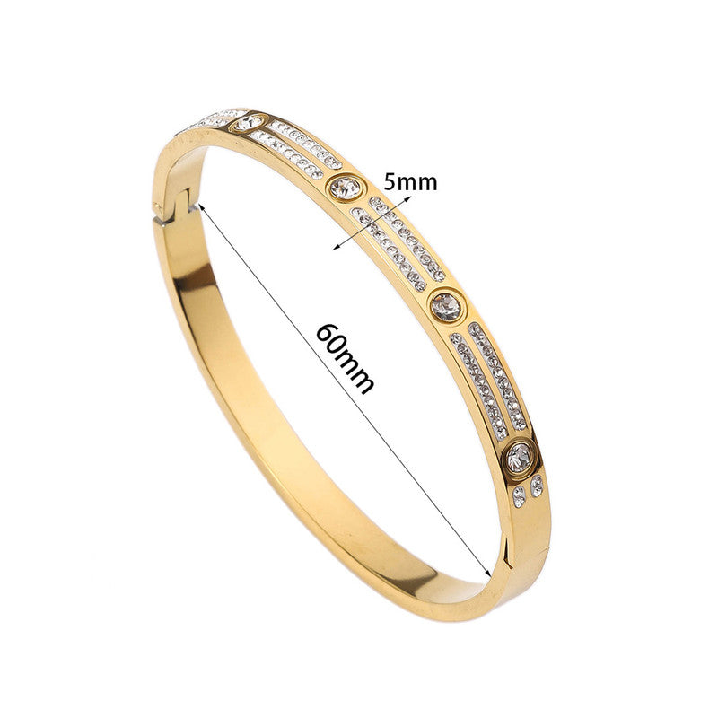 Stainless Steel Gold-Plated American Diamond Studded Bangle-Style Anti-Tarnish Bracelet For Women